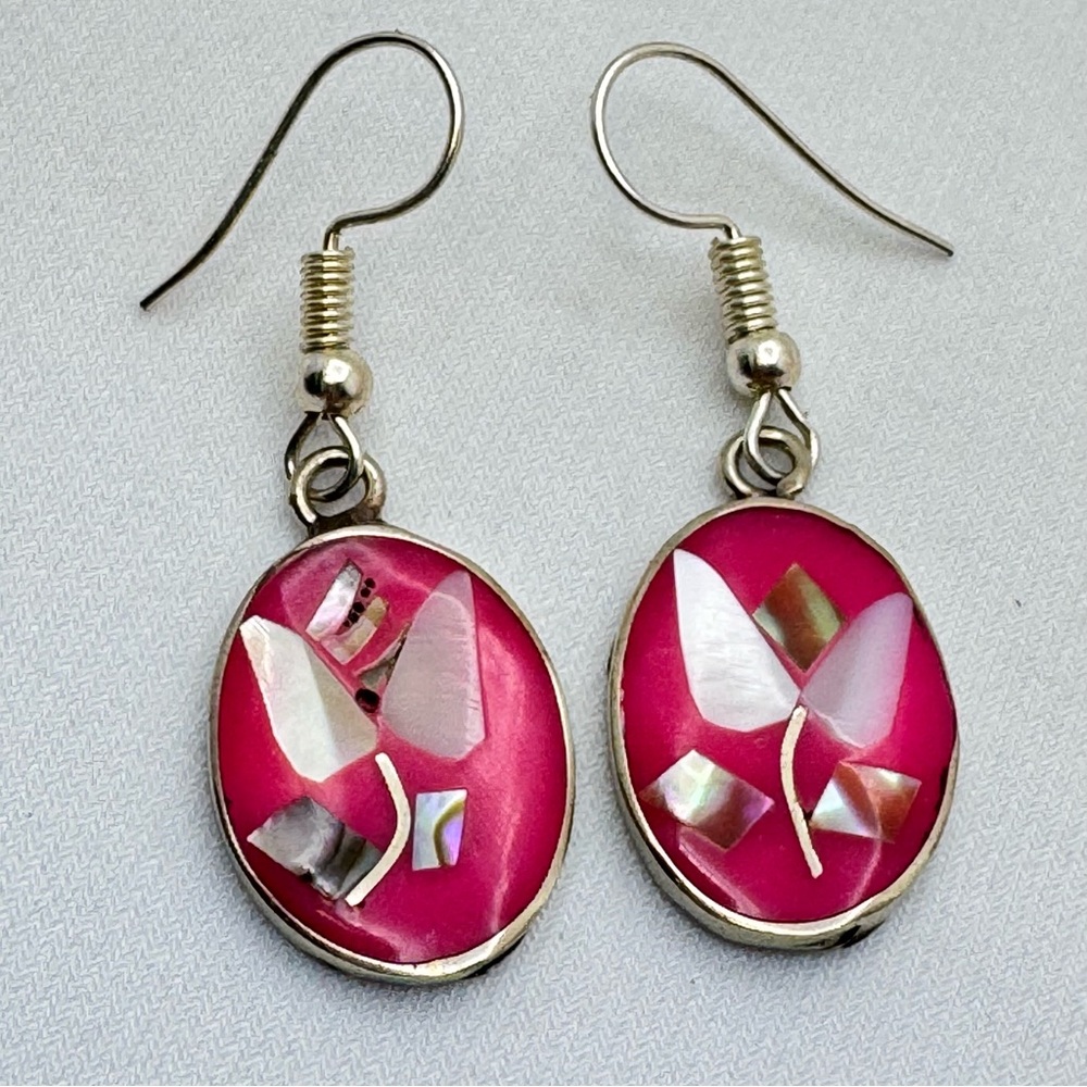 Vintage Vietta Taxco Mexico Silver Mother Of Pearl Butterfly Pink Earrings